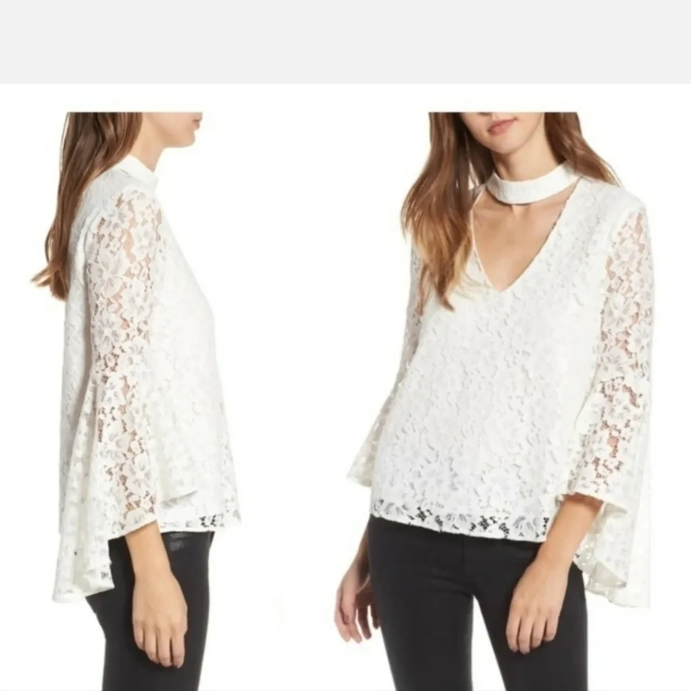 WAYF RAYAN FLORAL LACE CHOKER  BELL SLEEVE BLOUSE, SZ LARGE